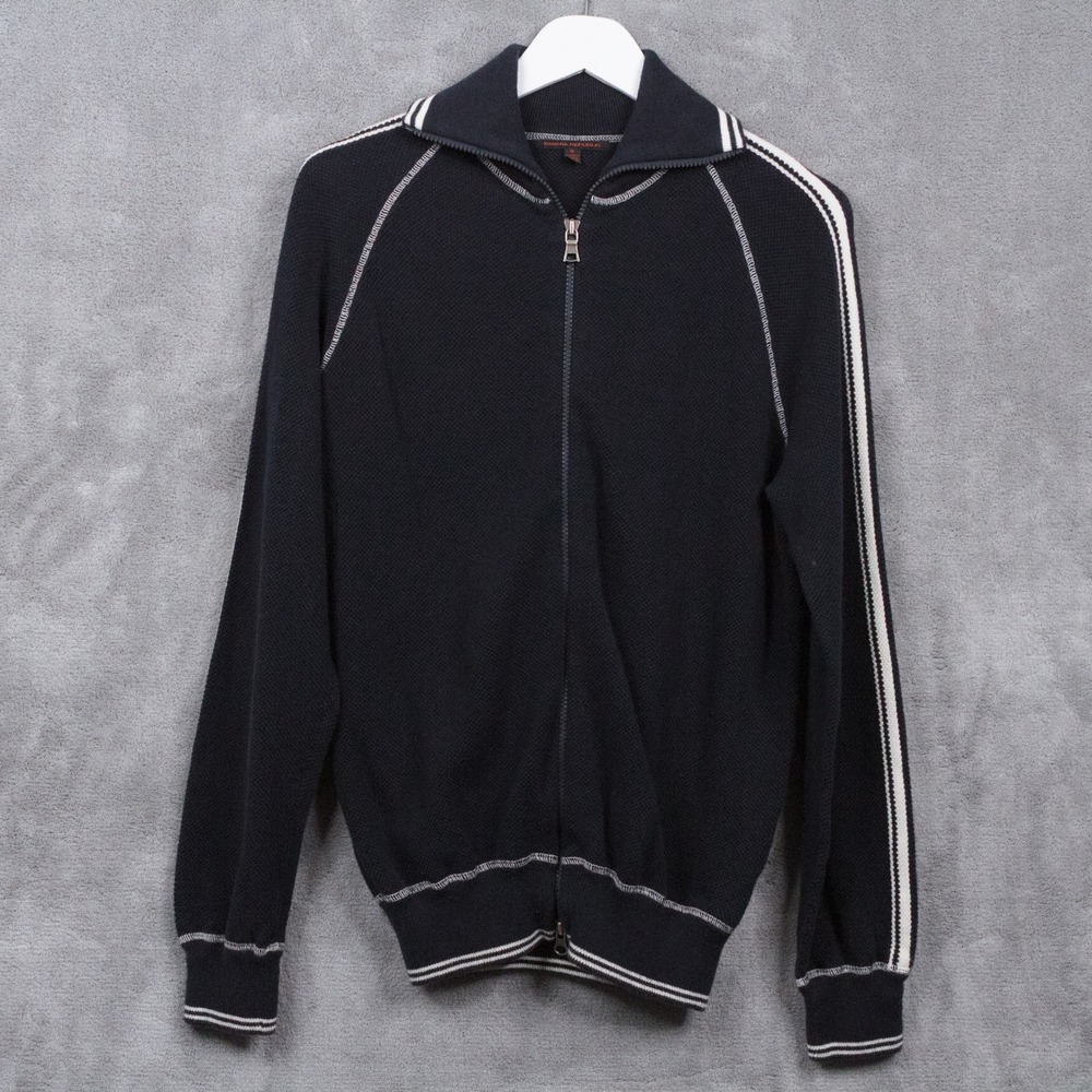 BANANA REPUBLIC Full Zip Sweater Track Jacket Side Stripe Navy Blue Mens Sz M